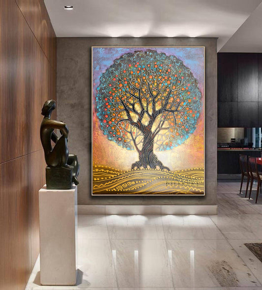 Gustav Klimt Tree of Life Painting on Canvas Gold Tree Painting Large Golden Tree Wall Art Klimt Gold Blue Art Family Tree Painting for Home