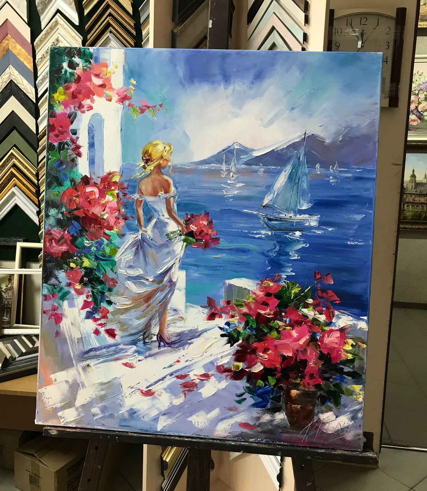 Woman at Sea Painting Original Santorini Painting on Canvas Seaside Artwork Girl Looking at the Sea Painting Greece Oil Painting Summer Gift