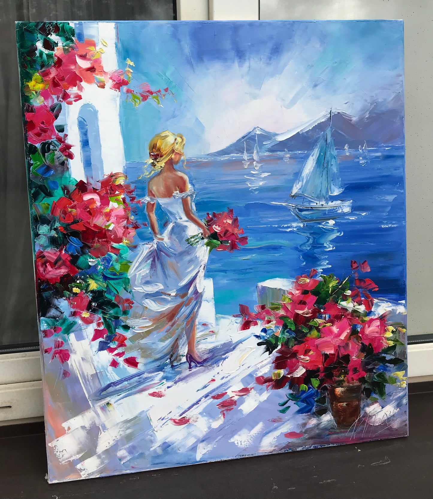 Woman at Sea Painting Original Santorini Painting on Canvas Seaside Artwork Girl Looking at the Sea Painting Greece Oil Painting Summer Gift