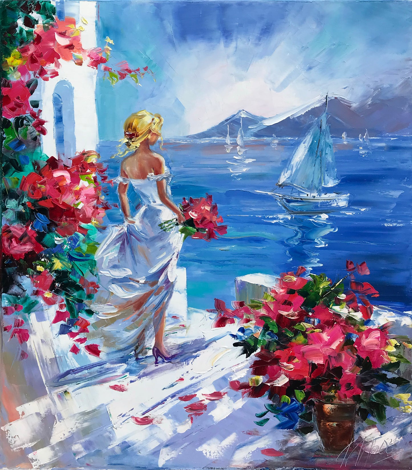 Woman at Sea Painting Original Santorini Painting on Canvas Seaside Artwork Girl Looking at the Sea Painting Greece Oil Painting Summer Gift