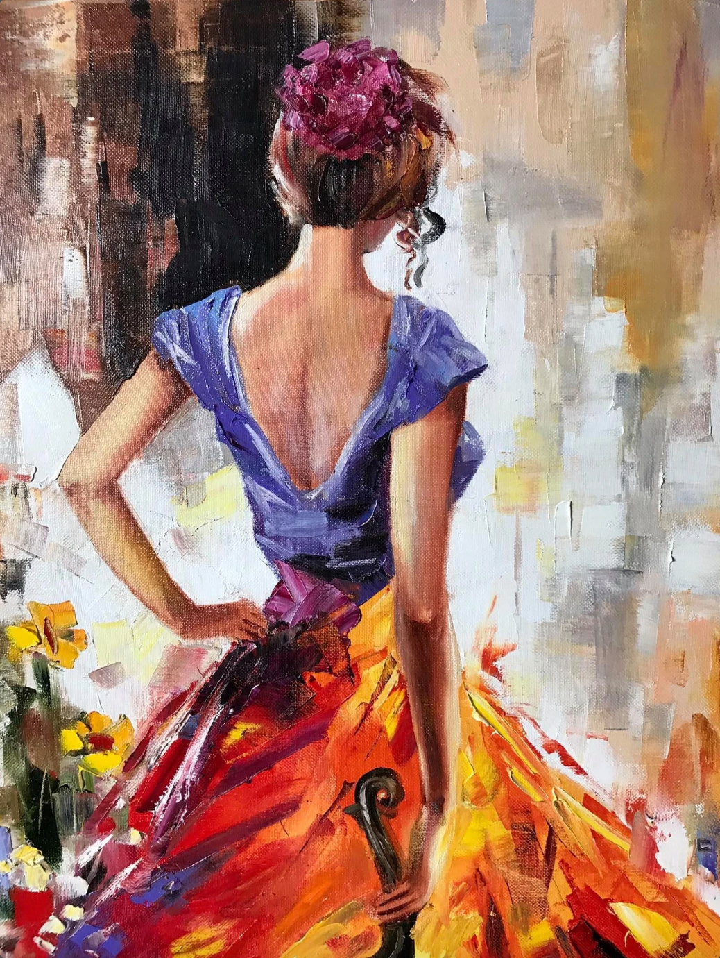 Abstract Girl with Violin Oil Painting Original Elegant Lady in Red Artwork Violinist Painting