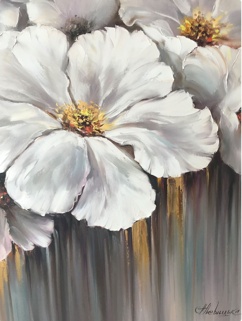 Extra Large White Flowers Painting on Canvas White and Gold Flower Wall Decor Flowers in Bloom Oil Painting