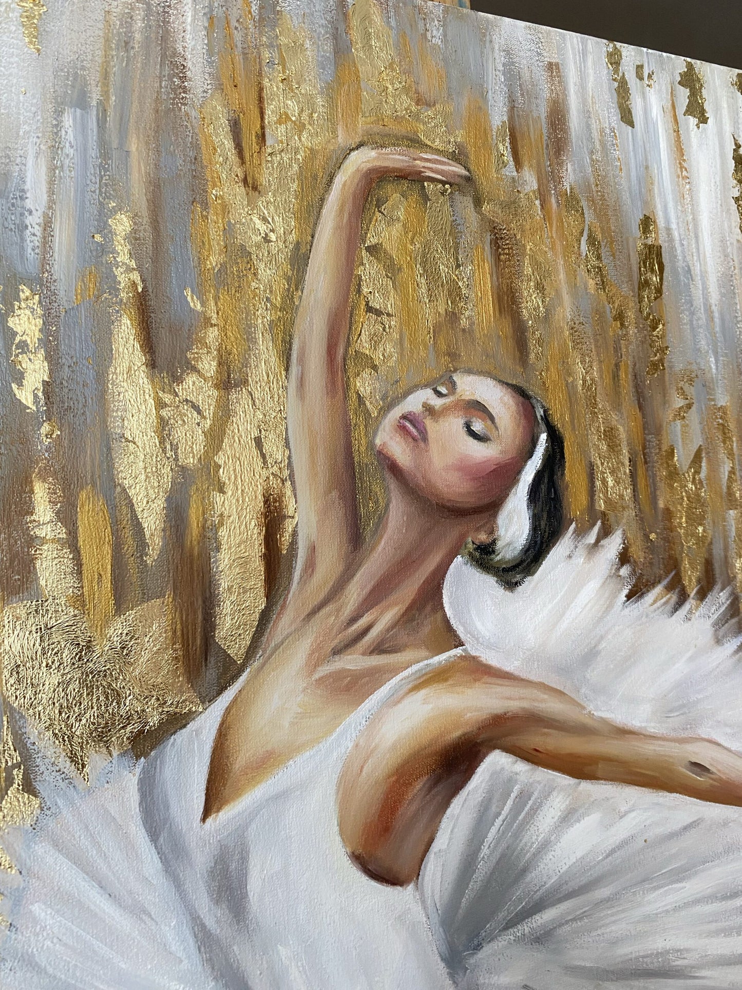 Dancing Ballerina Oil Painting with Gold Leaf Abstract Background Ballet Dancer Wall Art Dancing Girl Painting on Canvas
