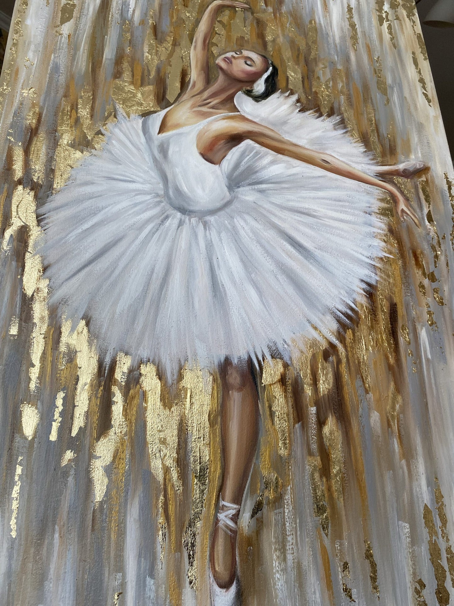 Dancing Ballerina Oil Painting with Gold Leaf Abstract Background Ballet Dancer Wall Art Dancing Girl Painting on Canvas