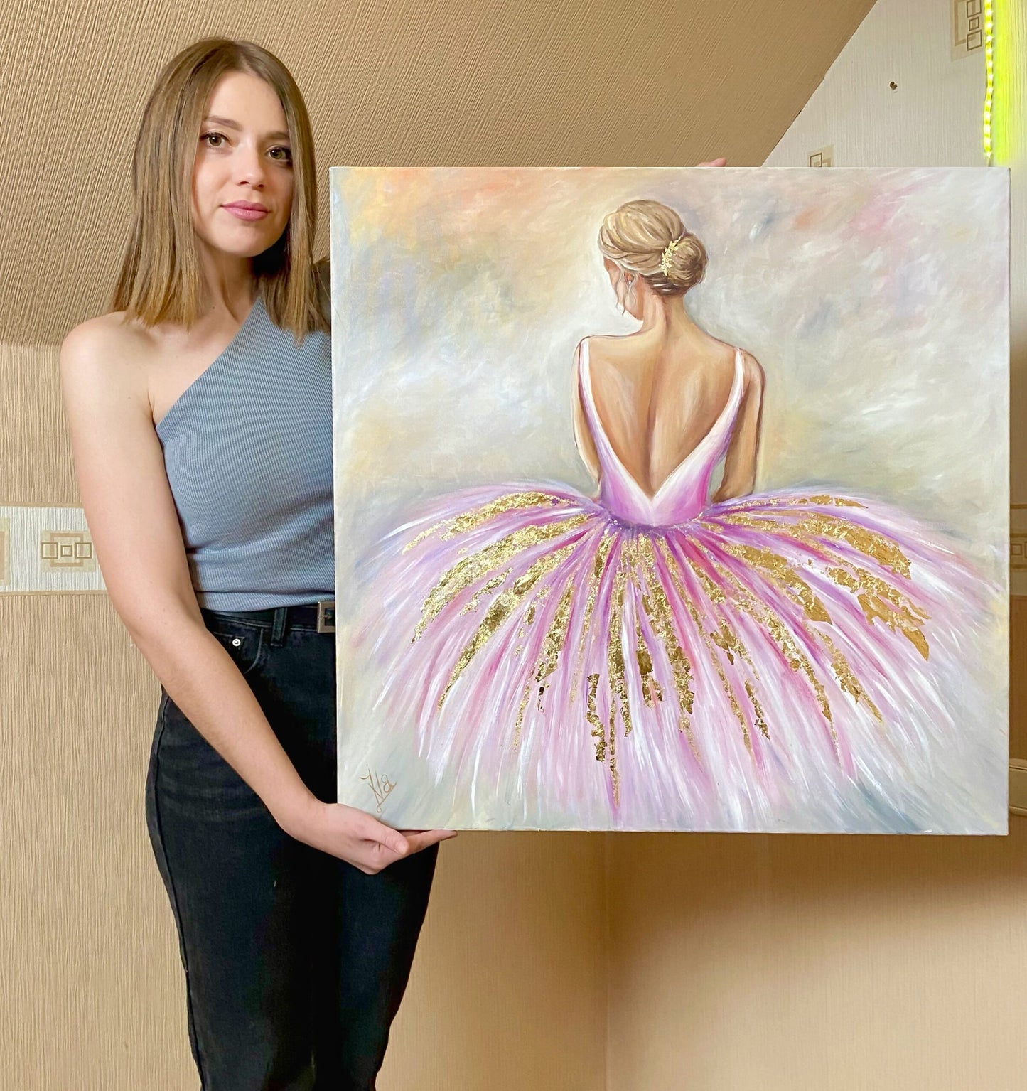 Pink and Gold Ballerina Painting on Canvas Ballerina Wall Decor For Girl Ballet Dancer Oil Painting