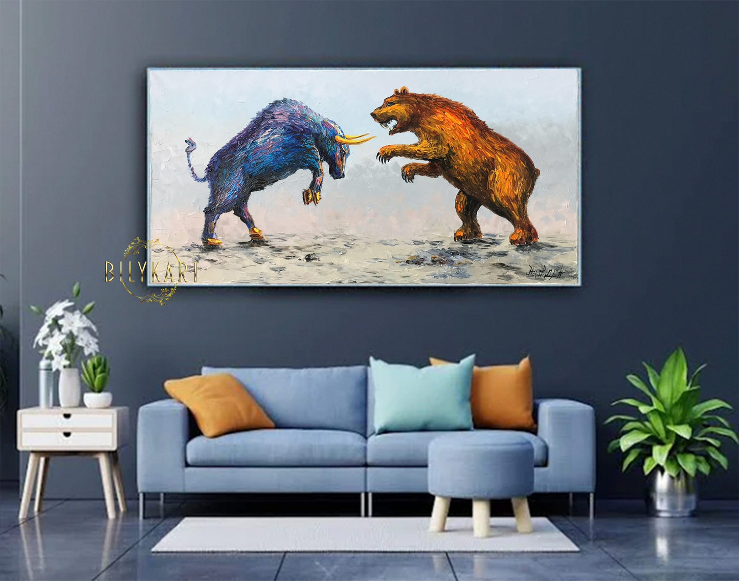 Large Bull vs Bear Oil Painting Original Abstract Bull and Bear Stock Market Wall Art Finance Wall Street Art for Office Bull vs Bear Painting on Canvas