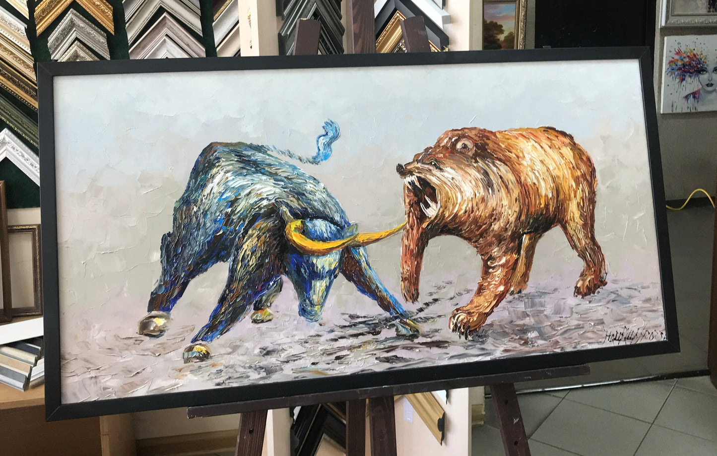 Large Bull and Bear Market Painting on Canvas Modern Stock Market Wall Decor Oversized Wall Street Bull vs Bear Painting