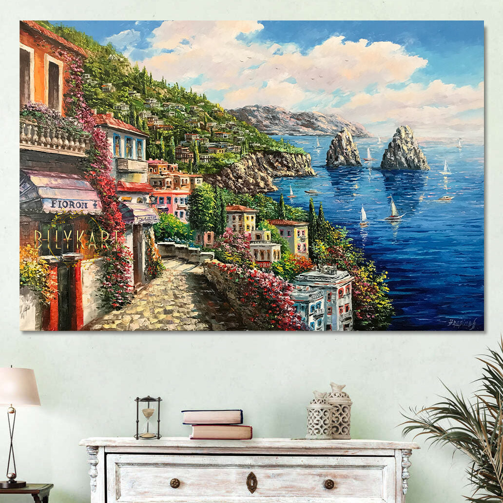 Capri Italy Canvas Paintings for Sale Famous Italian Landscape Oil Painting Amalfi Coast Framed Wall Art Italy Coast Towns Artwork