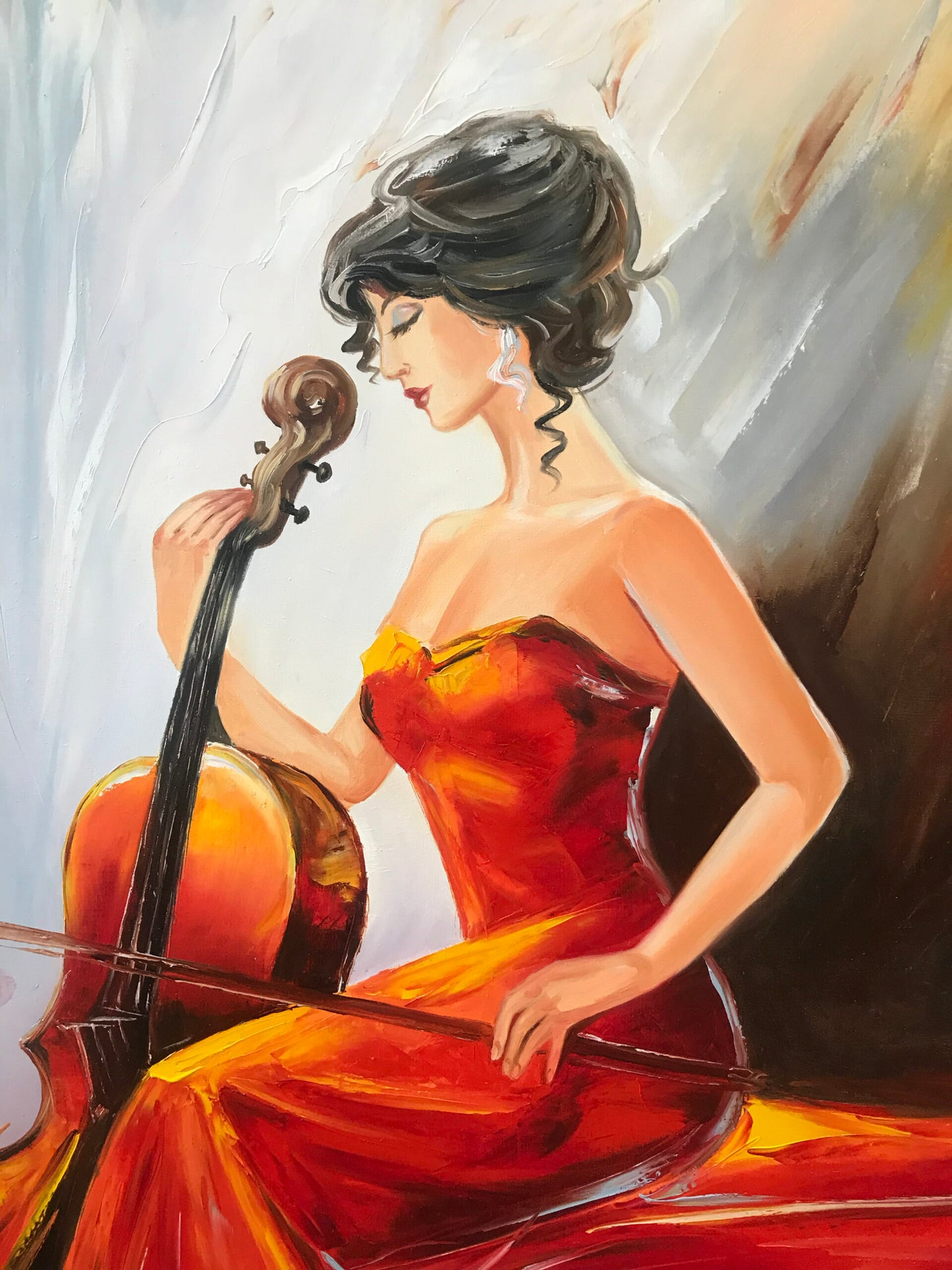 Woman Playing Cello Painting on Canvas Classical Music Player Framed Wall Art Girl with Cello Oil Painting Music Artwork