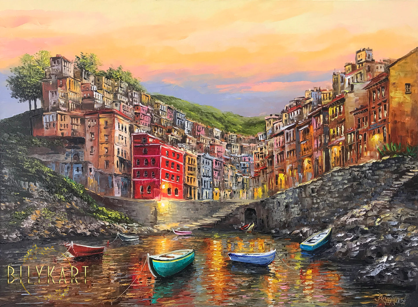 Riomaggiore Cinque Terre Painting on Canvas Italian Coastal Villages Artwork Italy Fishing Village Oil painting Original Art