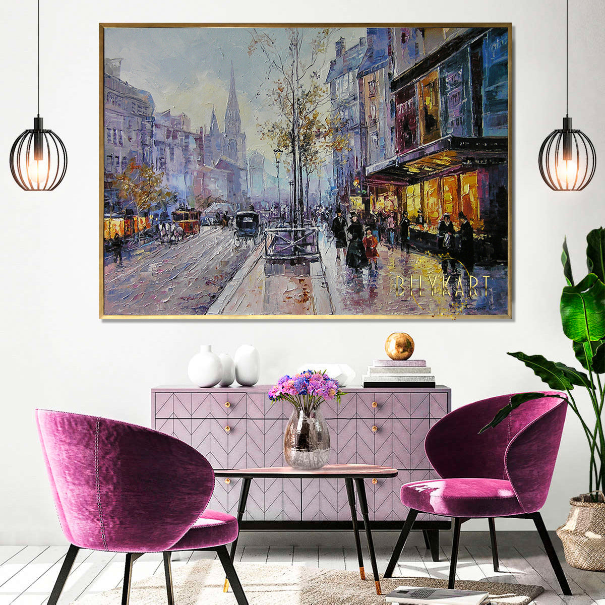 Abstract Cityscape Oil Painting Original Night Street Scene Painting on Canvas European City Framed Wall Art European Wall Decor