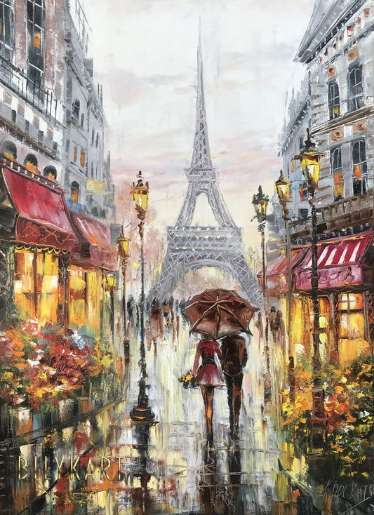 Couple Under Red Umbrella Oil Painting Original Parisian Wall Decor for Bedroom Paris Cityscape Painting on Canvas