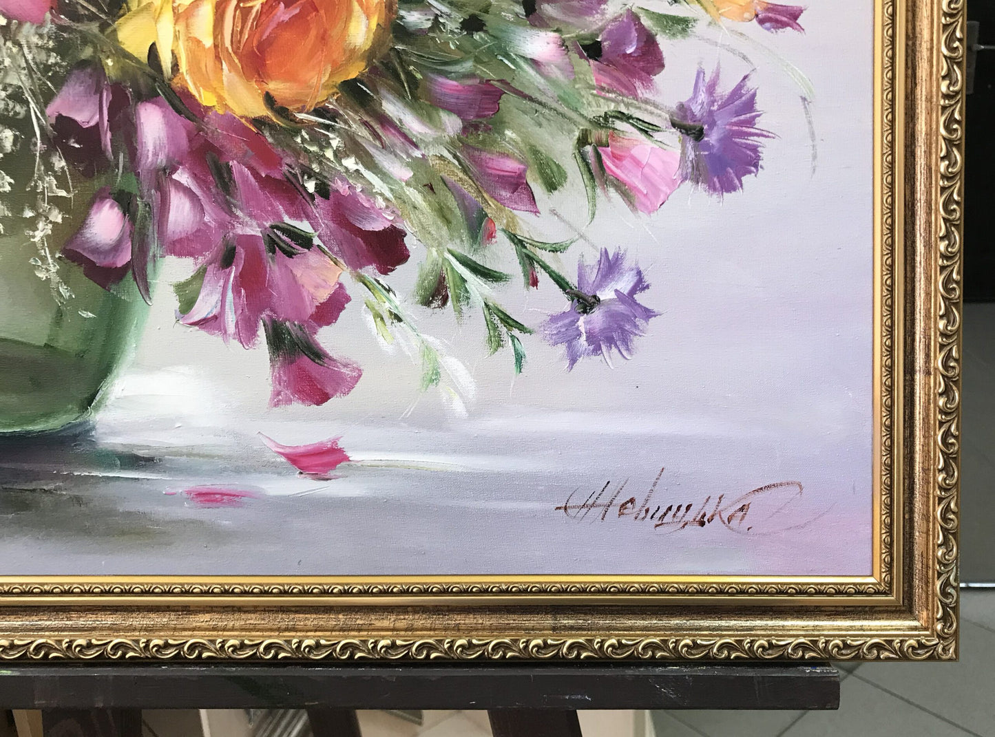 Flower Bouquet Painting on Canvas, Roses in Vase Oil Painting, Still Life Flowers Artwork, Colorful Flowers Painting