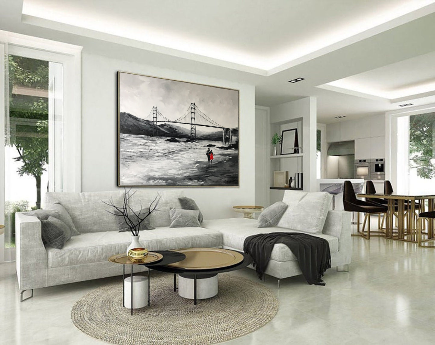 San Francisco Golden Gate Bridge Painting, SF Wall Art, Black and White Baker Beach Painting on Canvas