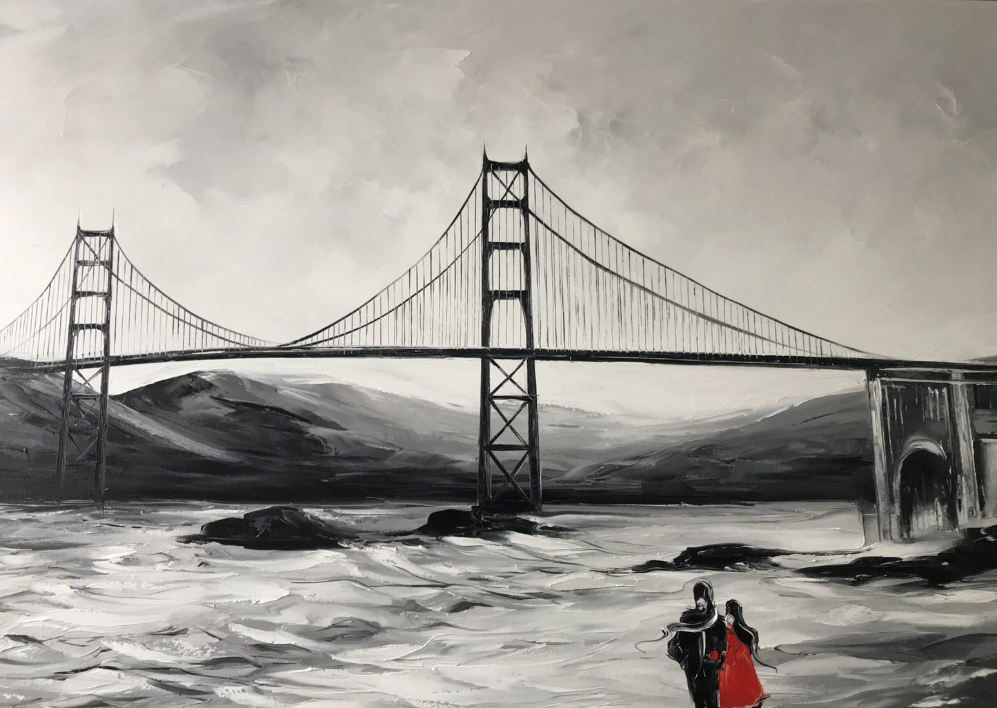 San Francisco Golden Gate Bridge Painting, SF Wall Art, Black and White Baker Beach Painting on Canvas