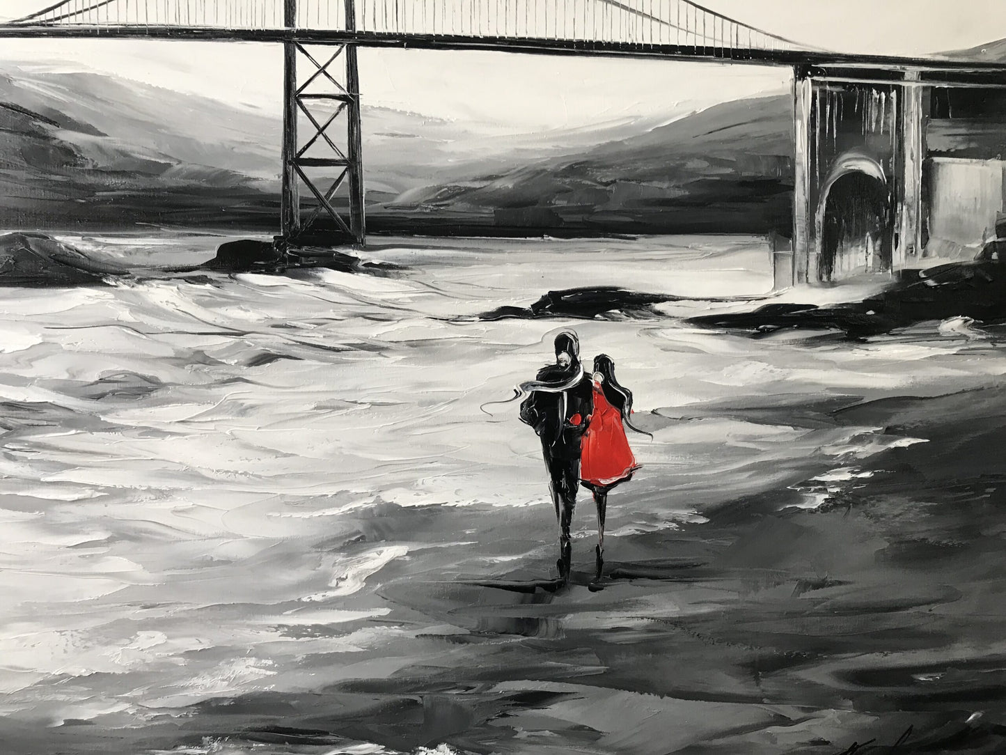 San Francisco Golden Gate Bridge Painting, SF Wall Art, Black and White Baker Beach Painting on Canvas