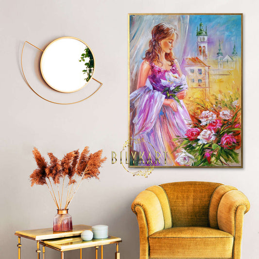 Beautiful Woman with Flowers Painting on Canvas Pretty Girl at Window Oil Painting Original Woman in Purple Dress Classic Artwork
