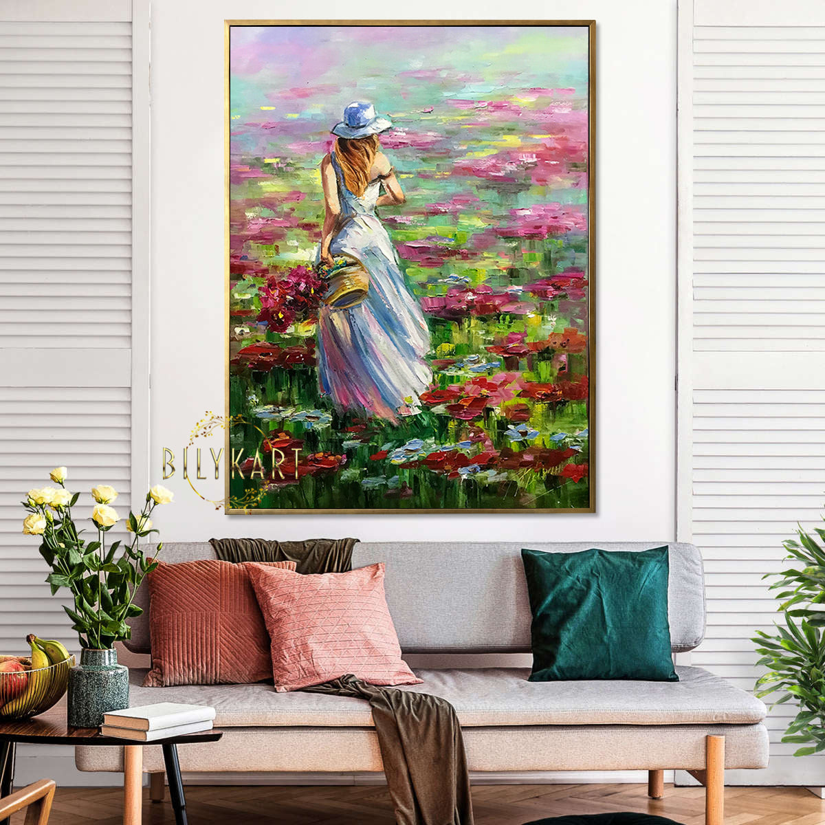 Beautiful Girl with Flower Basket Painting on Canvas Wild Flower Meadow Canvas Wall Art Flower Gift for Her Woman in Field Painting 30x40 Summer Wall Decor