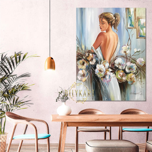 Elegant Woman in White Dress Painting on Canvas Elegant Wall Art for Bedroom Flower Girl with Orchids Oil Painting Original Woman Back Painting