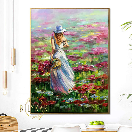 Beautiful Girl with Flower Basket Painting on Canvas Wild Flower Meadow Canvas Wall Art Flower Gift for Her Woman in Field Painting 30x40 Summer Wall Decor