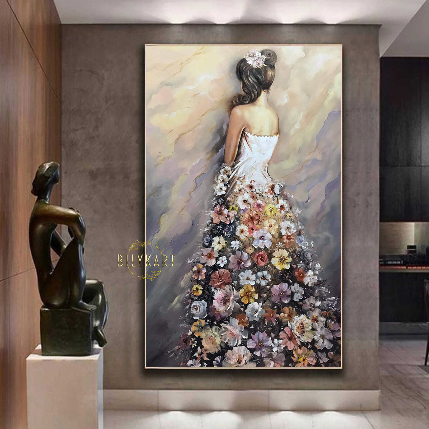 Elegant Lady Oil Painting on Canvas, Woman in Floral Dress Wall Art, Girl in Flower Dress Painting Original 30x60