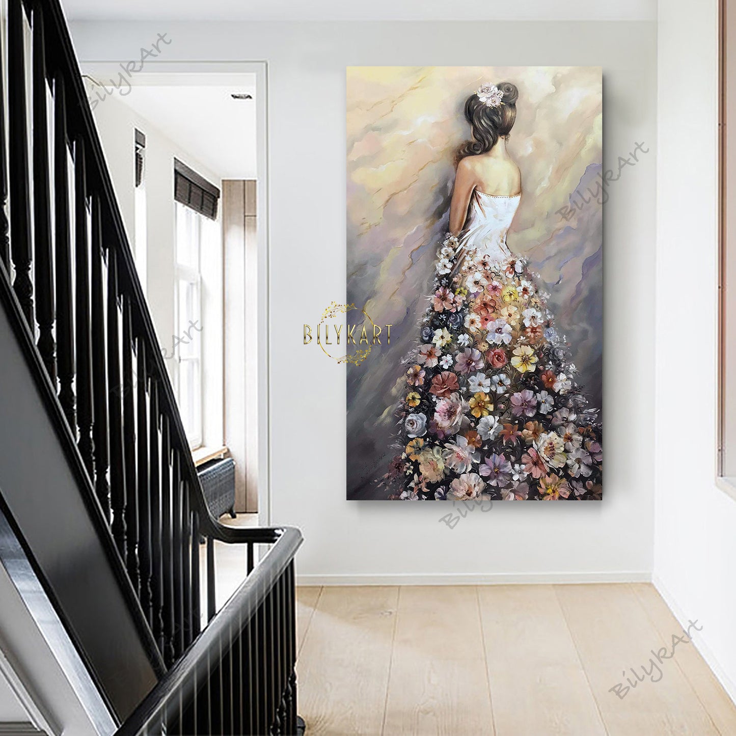 Elegant Lady Oil Painting on Canvas, Woman in Floral Dress Wall Art, Girl in Flower Dress Painting Original 30x60