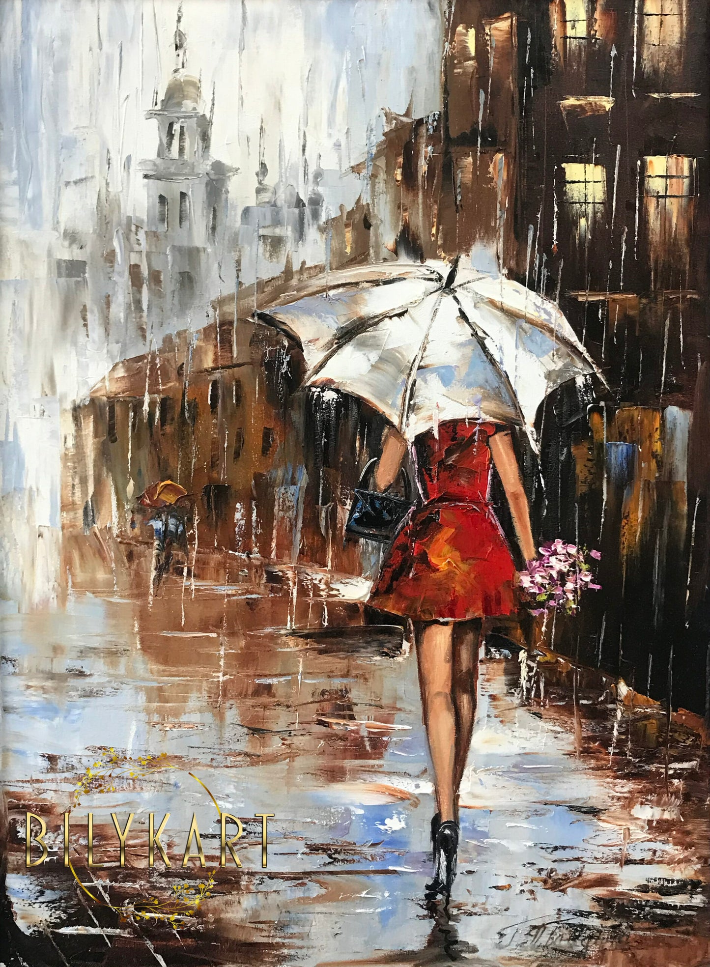 Large Abstract Rainy Umbrella Art Girl Under Umbrella Painting on Canvas Rainy City Art Fall Canvas Wall Decor Girl Walking in Rain Oil Painting 40x60