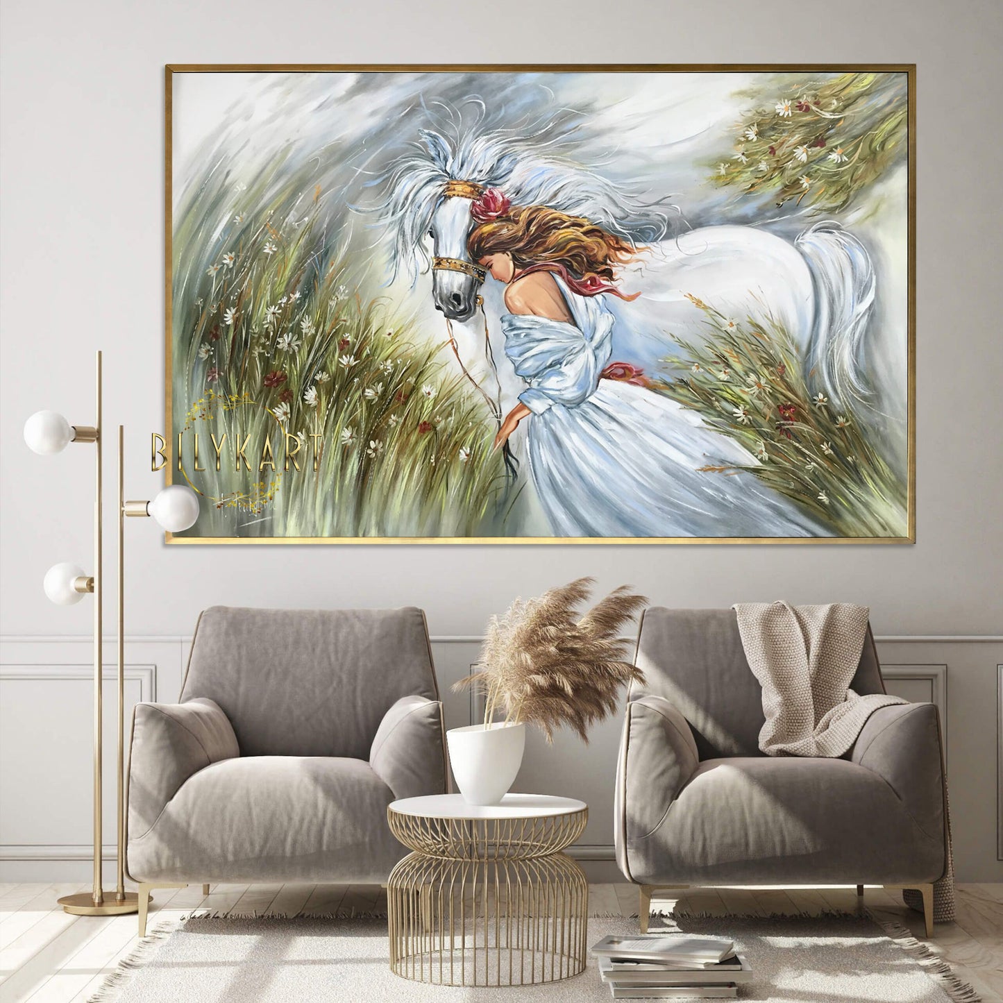 Woman with Horse Painting on Canvas White Horse Canvas Wall Art Girl and Horse Oil Painting Original Classic Artwork