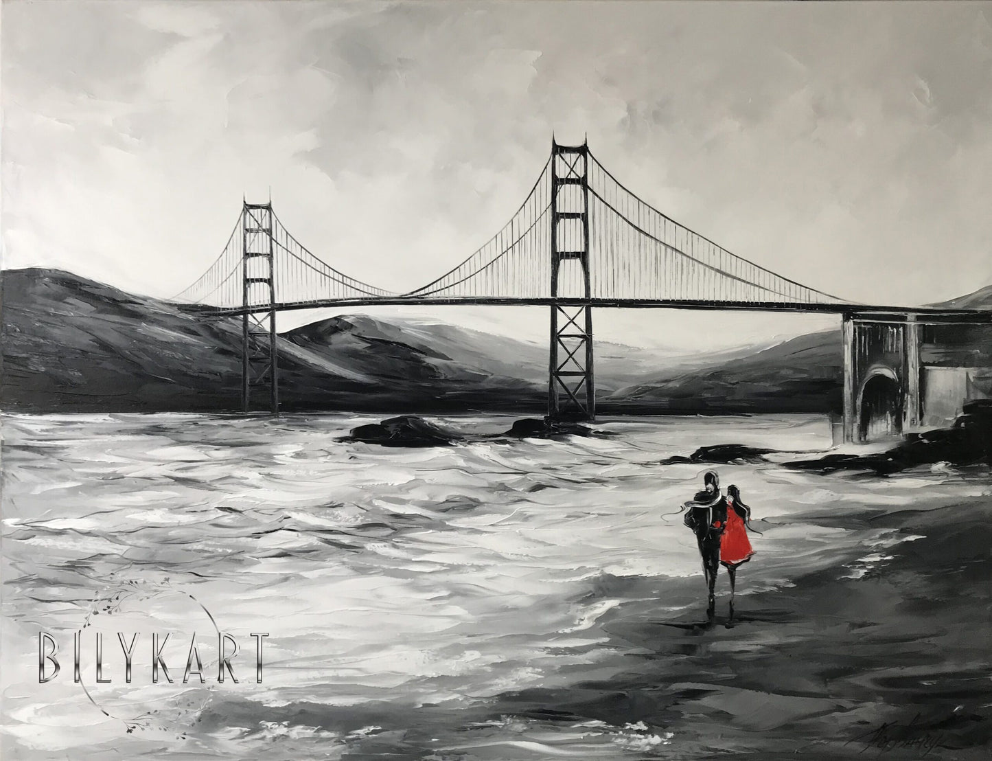 San Francisco Golden Gate Bridge Painting, SF Wall Art, Black and White Baker Beach Painting on Canvas