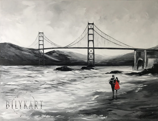 San Francisco Golden Gate Bridge Painting, SF Wall Art, Black and White Baker Beach Painting on Canvas