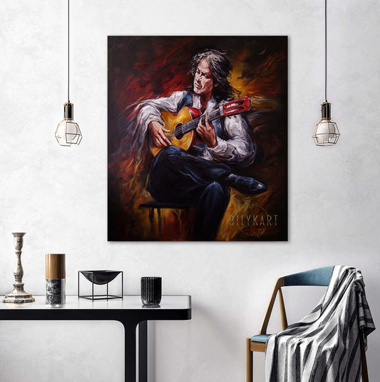 Abstract Guitar Player Painting on Canvas Large Guitar Canvas Wall Art Mexican Guitarist Oil Painting Original Guitar Gift for Husband
