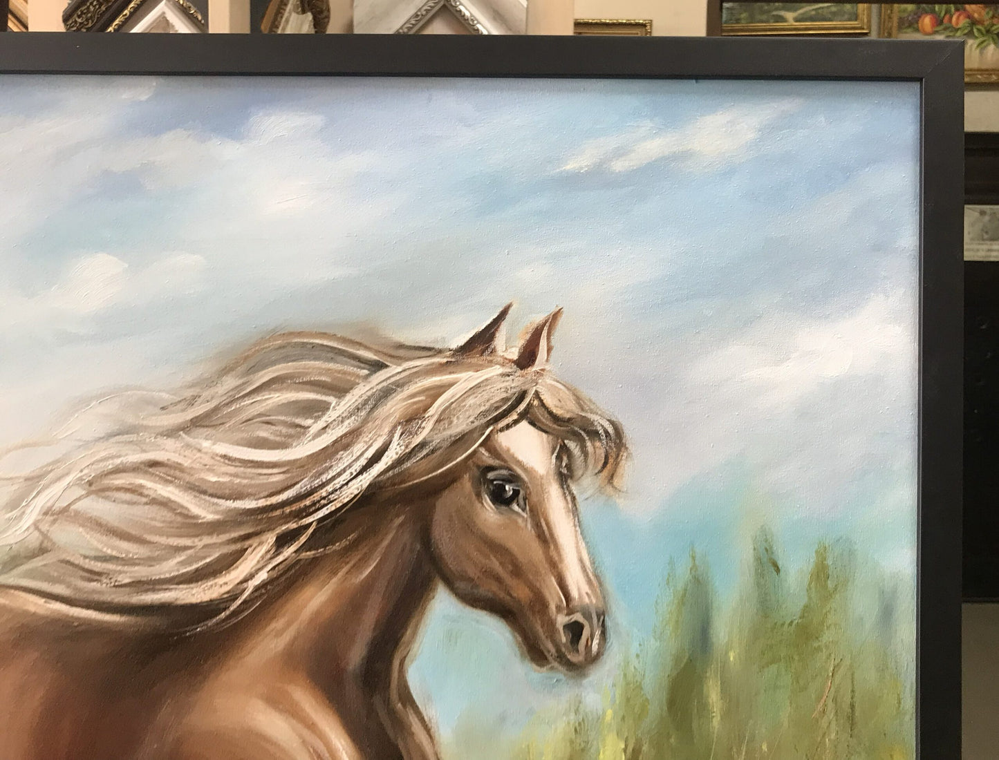 2 Running Horses Oil Painting on Canvas Wild Animal Wall Art Brown and White Horse Painting