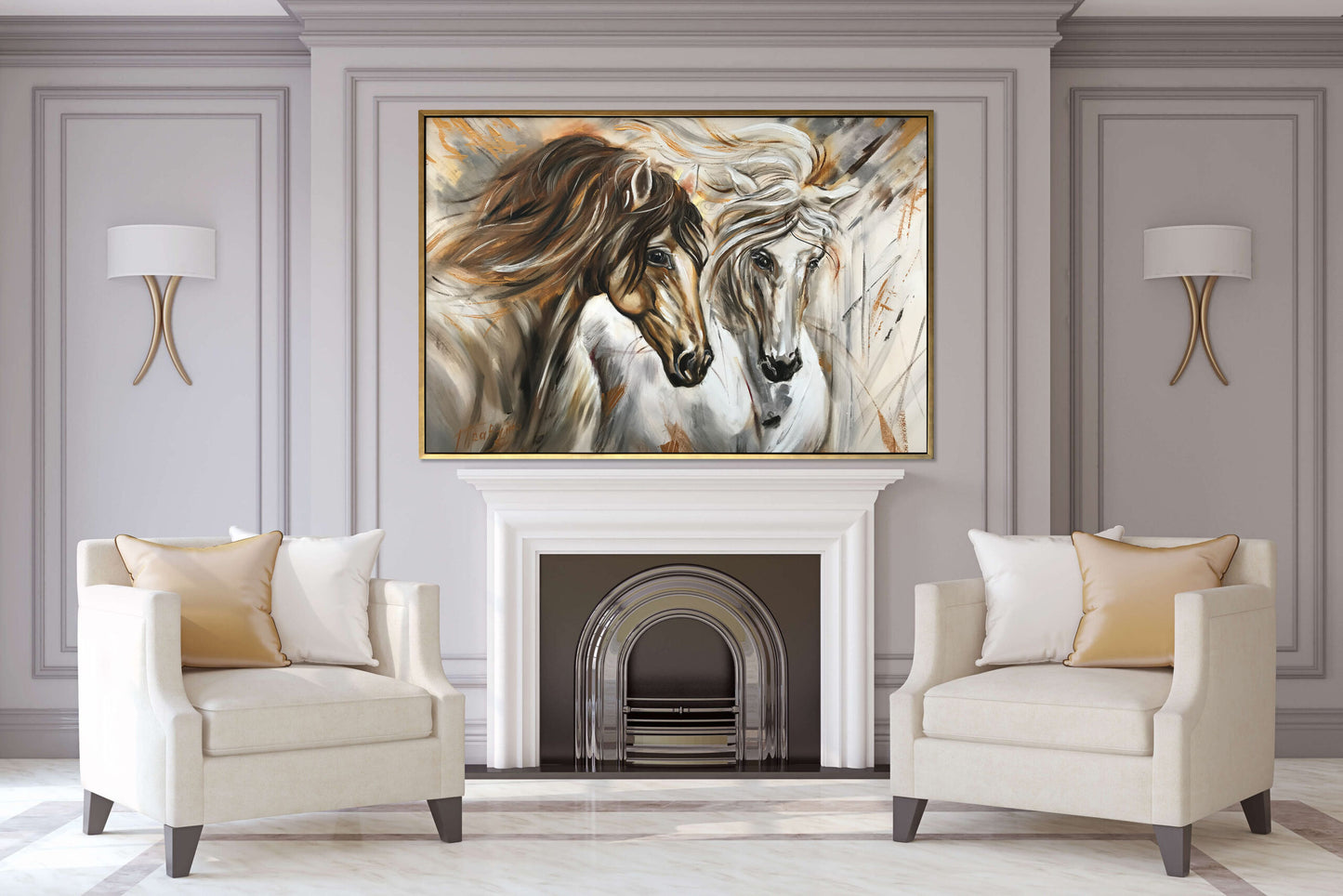 Large Horse Oil Painting on Canvas Abstract Wild Horse Art Two Horses Equestrian Painting Arabian Horse Artwork Extra Large White Horse Painting