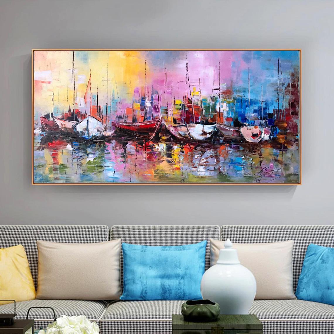 Abstract Sailing Boats Paintings on Canvas Colorful Boat Wall Art Extra Large Abstract Paintings of Sailboats at Sunset Artwork