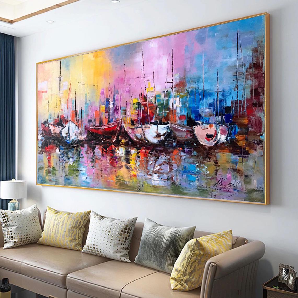 Abstract Sailing Boats Paintings on Canvas Colorful Boat Wall Art Extra Large Abstract Paintings of Sailboats at Sunset Artwork