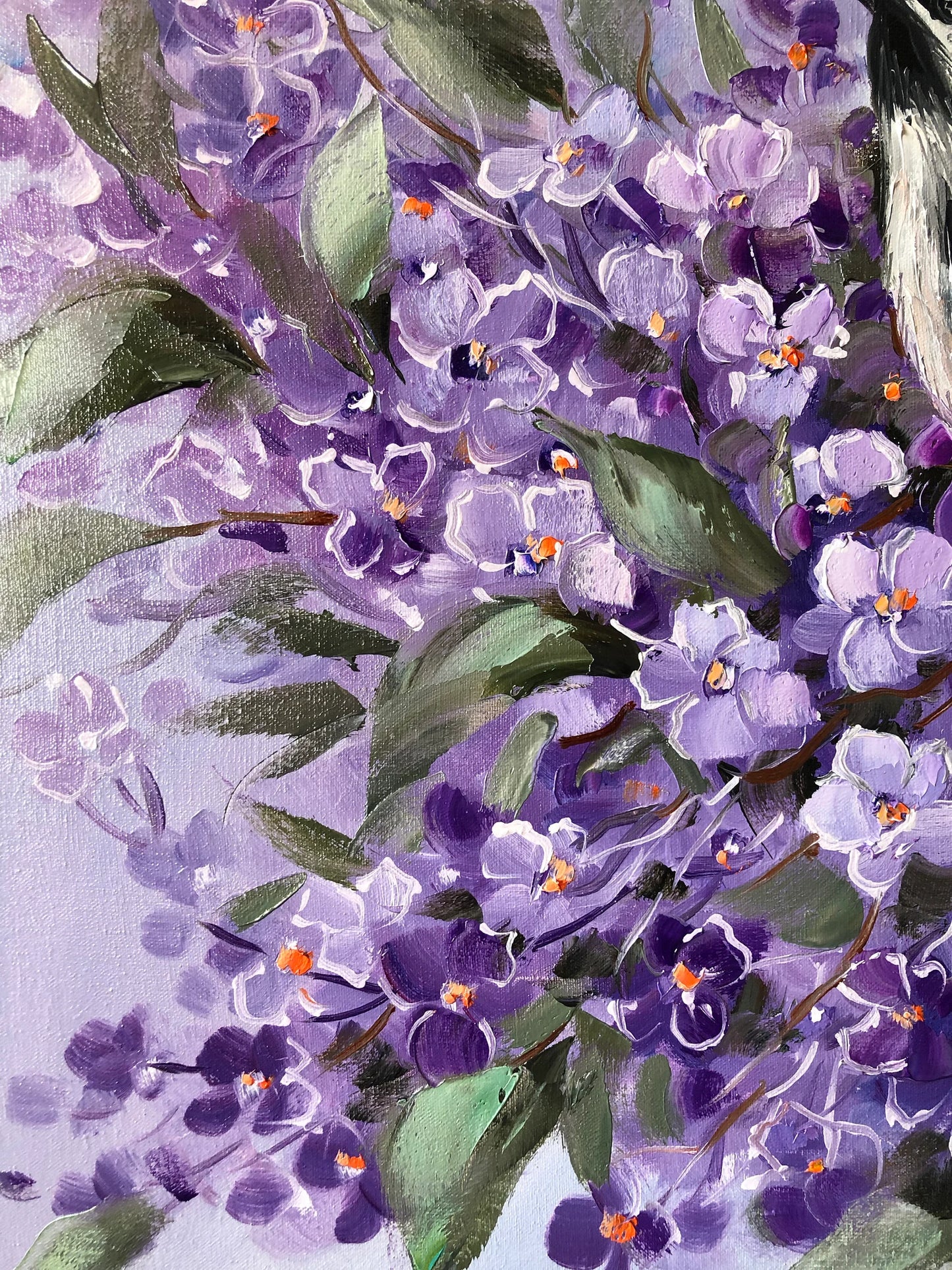 Bird Oil Painting on Canvas Flycatcher Bird in Bloom Flowers Painting Original Purple Blossom Tree Wall Art Custom Bird with Flowers Painting Gift