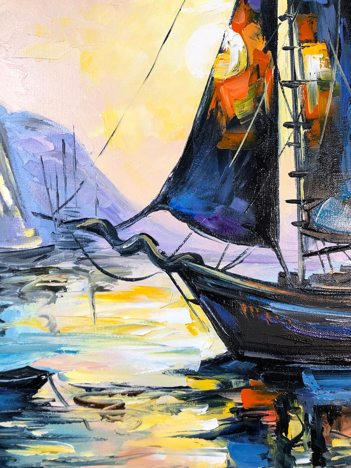 Sailboats Sunset Seascape Oil Painting, Blue Ocean Marine Wall Art, Colorful Sailing Ship Sea Painting