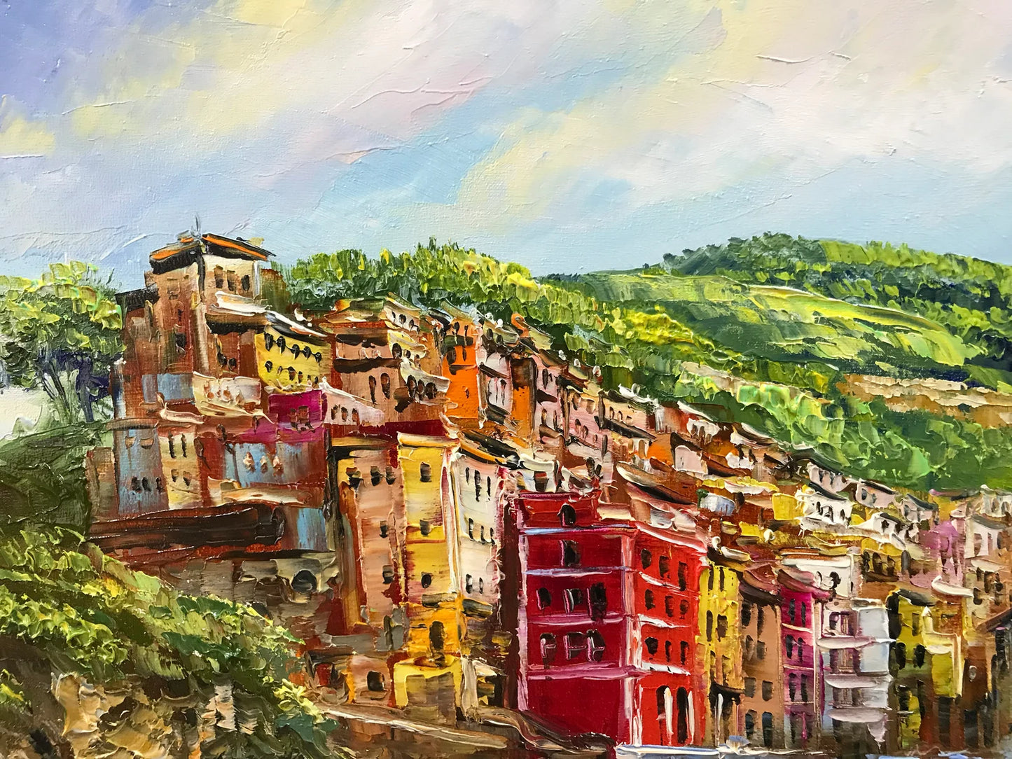 Cinque Terre Italy Oil Painting Original Italy Colorful Houses on Cliff Wall Art Riomaggiore Painting Cinque Terre Artwork