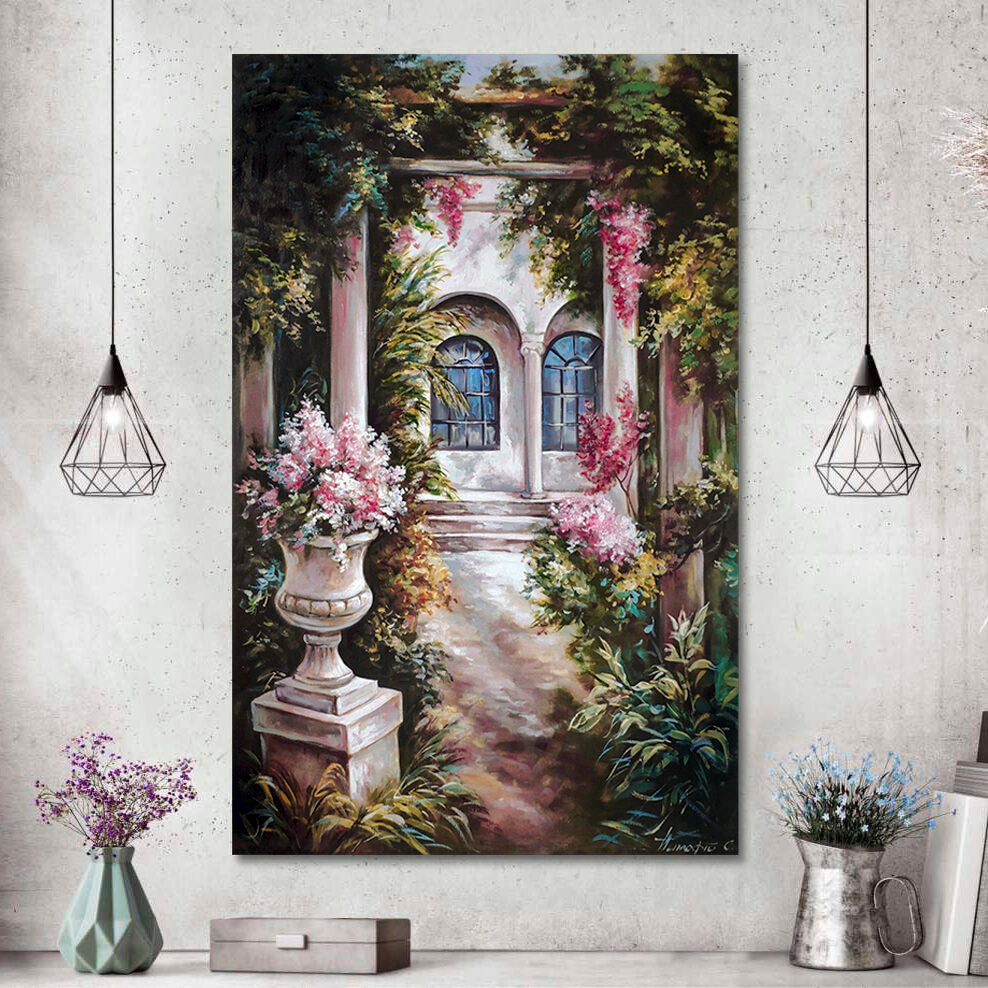 Italian Garden Painting on Canvas Italian Villa Oil Painting Original Flower Garden Wall Art Tuscany Painting Framed