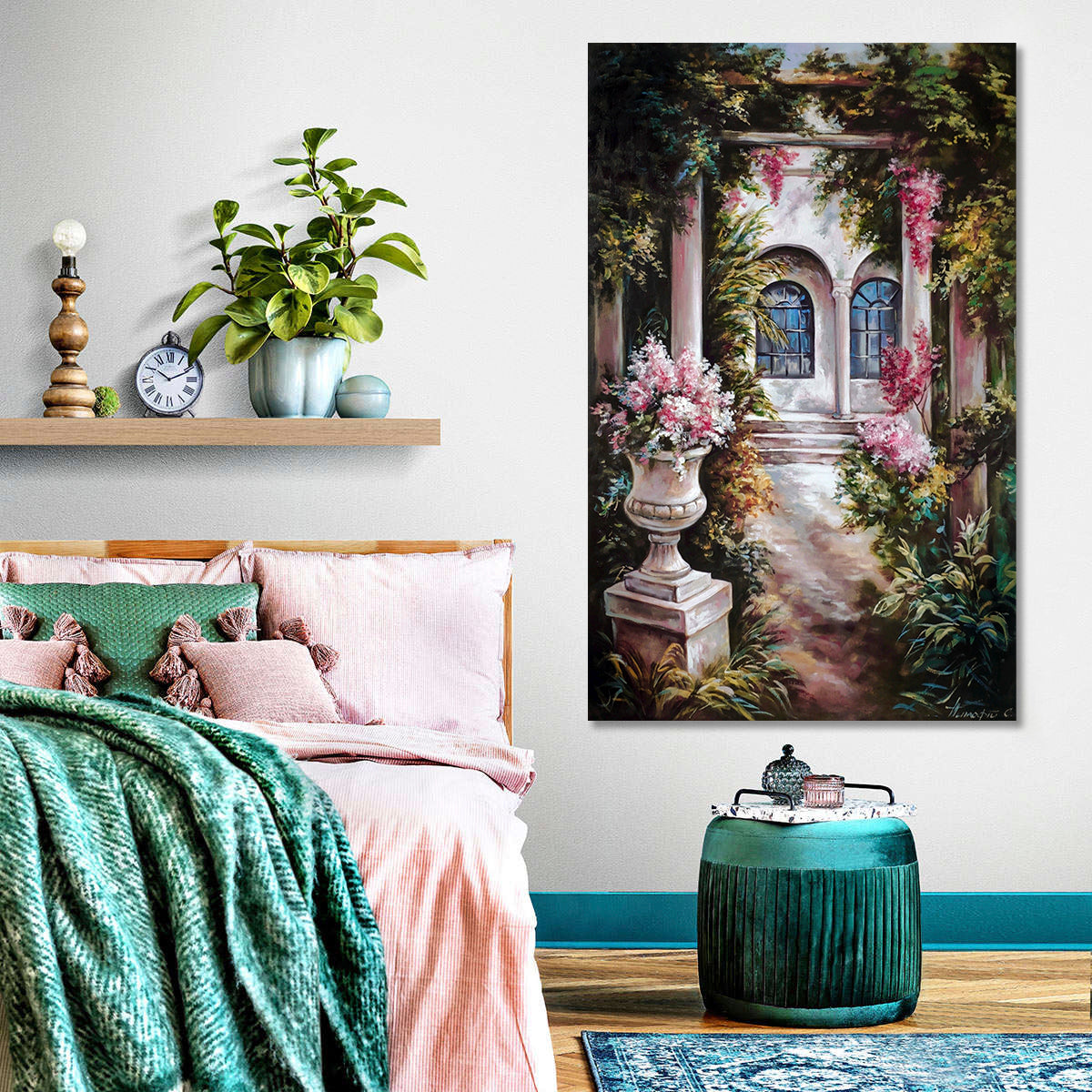 Italian Garden Painting on Canvas Italian Villa Oil Painting Original Flower Garden Wall Art Tuscany Painting Framed