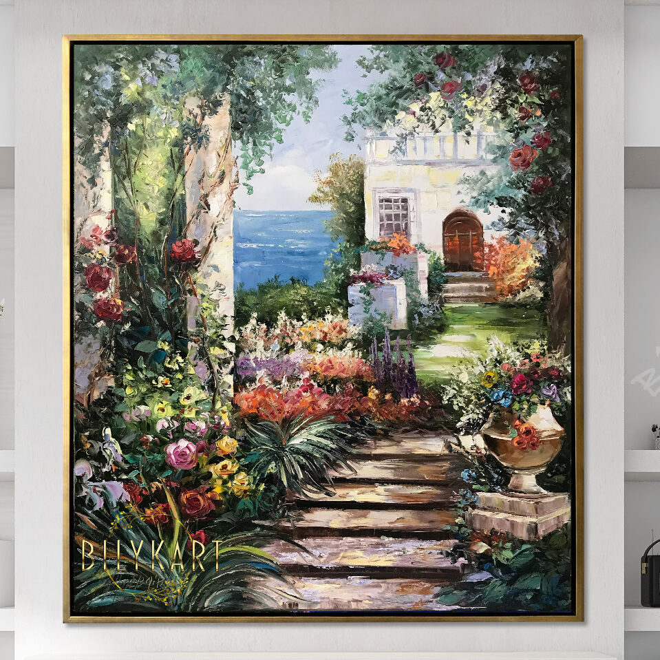 Italian Garden Painting on Canvas Italy Landscape Oil Painting Framed Italian Wall Art Floral garden Painting
