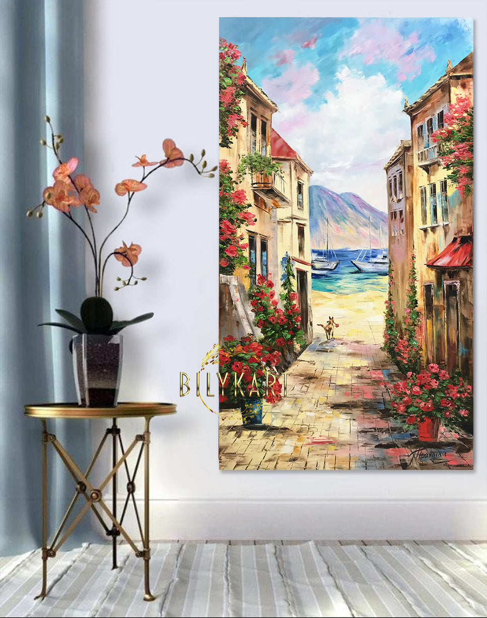 Large Italian Oil Paintings on Canvas Coastal Italian Village Painting Cinque Terre Street Wall Art Mediterranean Canvas Painting