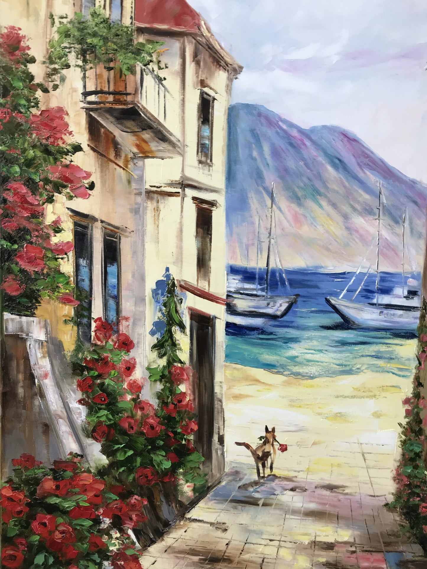 Large Italian Oil Paintings on Canvas Coastal Italian Village Painting Cinque Terre Street Wall Art Mediterranean Canvas Painting