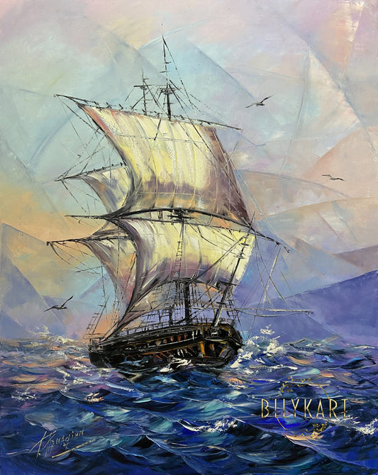 Tall Sailing Ship At Sea Oil Painting Original Nautical Wall Decor for Living Room Clipper Ship Oil Painting