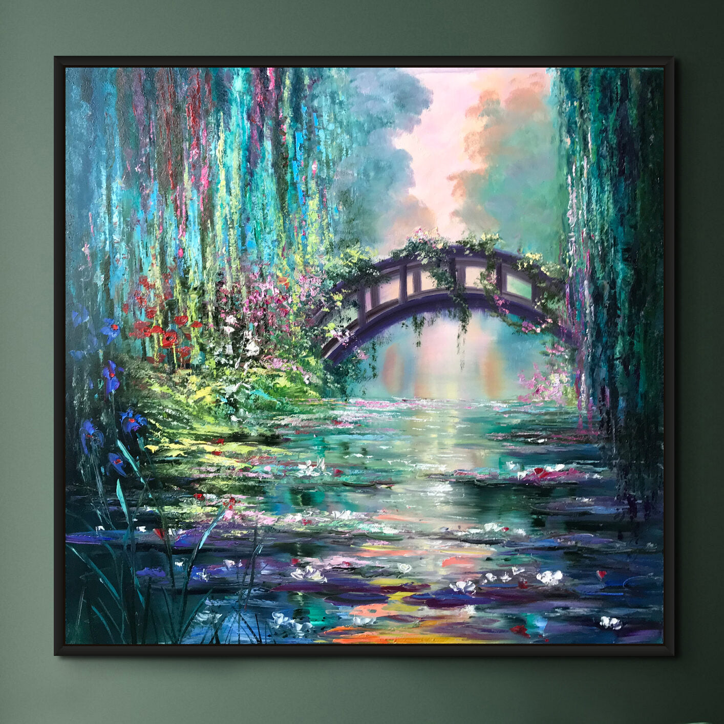 Claude Monet Painting Original Japanese Bridge Water Lilies Wall Art Green Nature Pond Painting