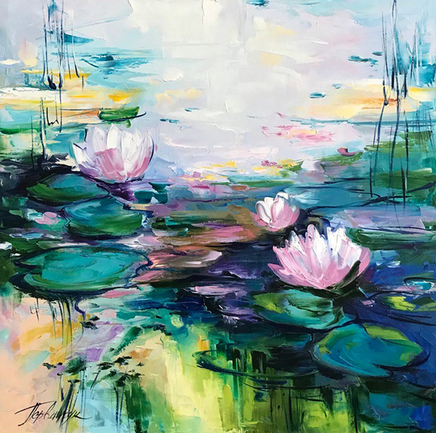 Monet Painting "Water Lilies" Lotus Flower Wall Art Lily Painting 36x36 Dark Green Oil Painting Guest Bedroom Decor Pond Nature Oil Painting