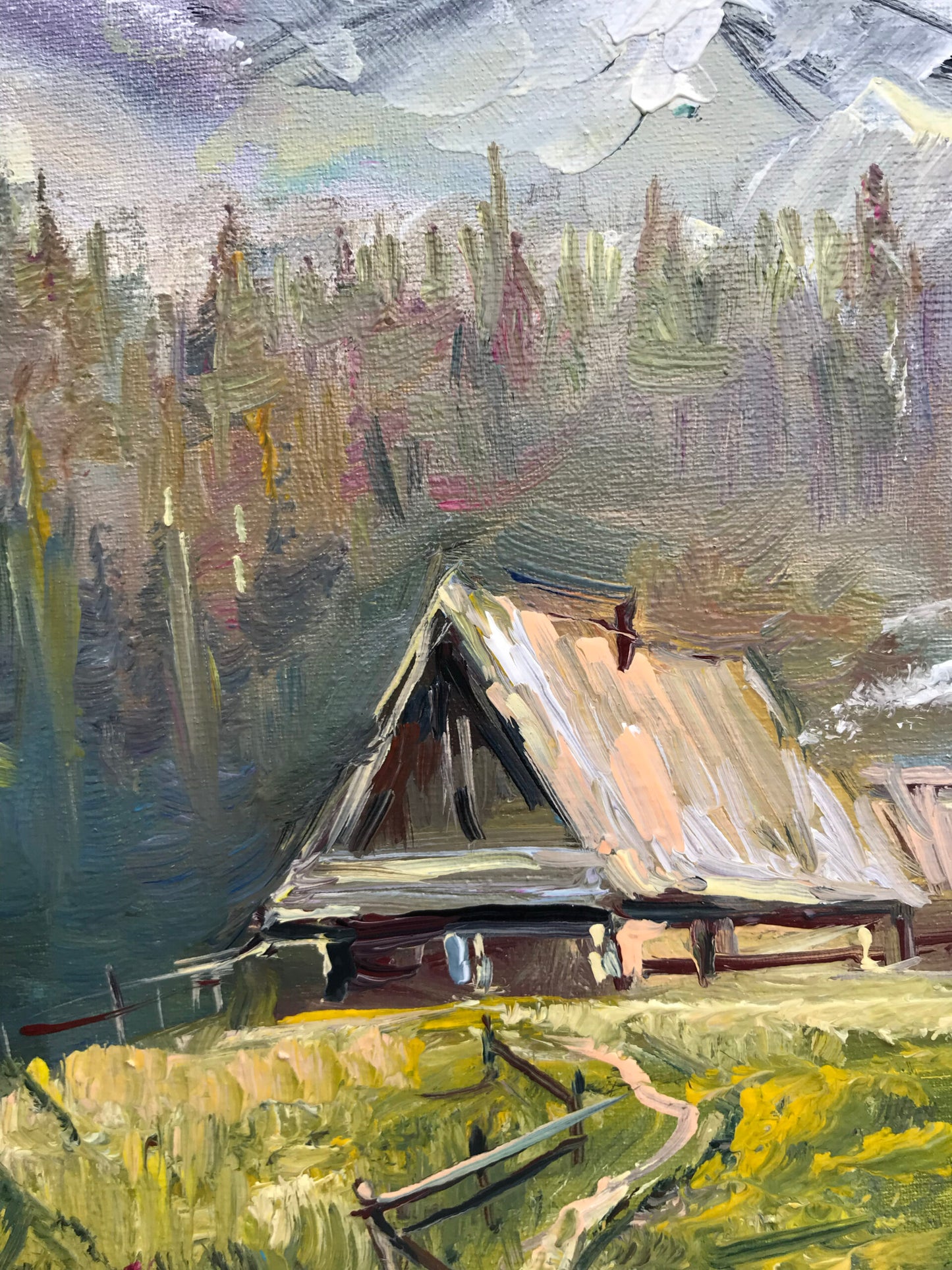 Snowy Mountain Landscape Painting on Canvas Large Nature Painting Pine Trees Wall Art House in Forest Oil Painting Original Smoky Mountain Art