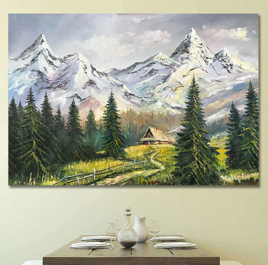Snowy Mountain Landscape Painting on Canvas Large Nature Painting Pine Trees Wall Art House in Forest Oil Painting Original Smoky Mountain Art