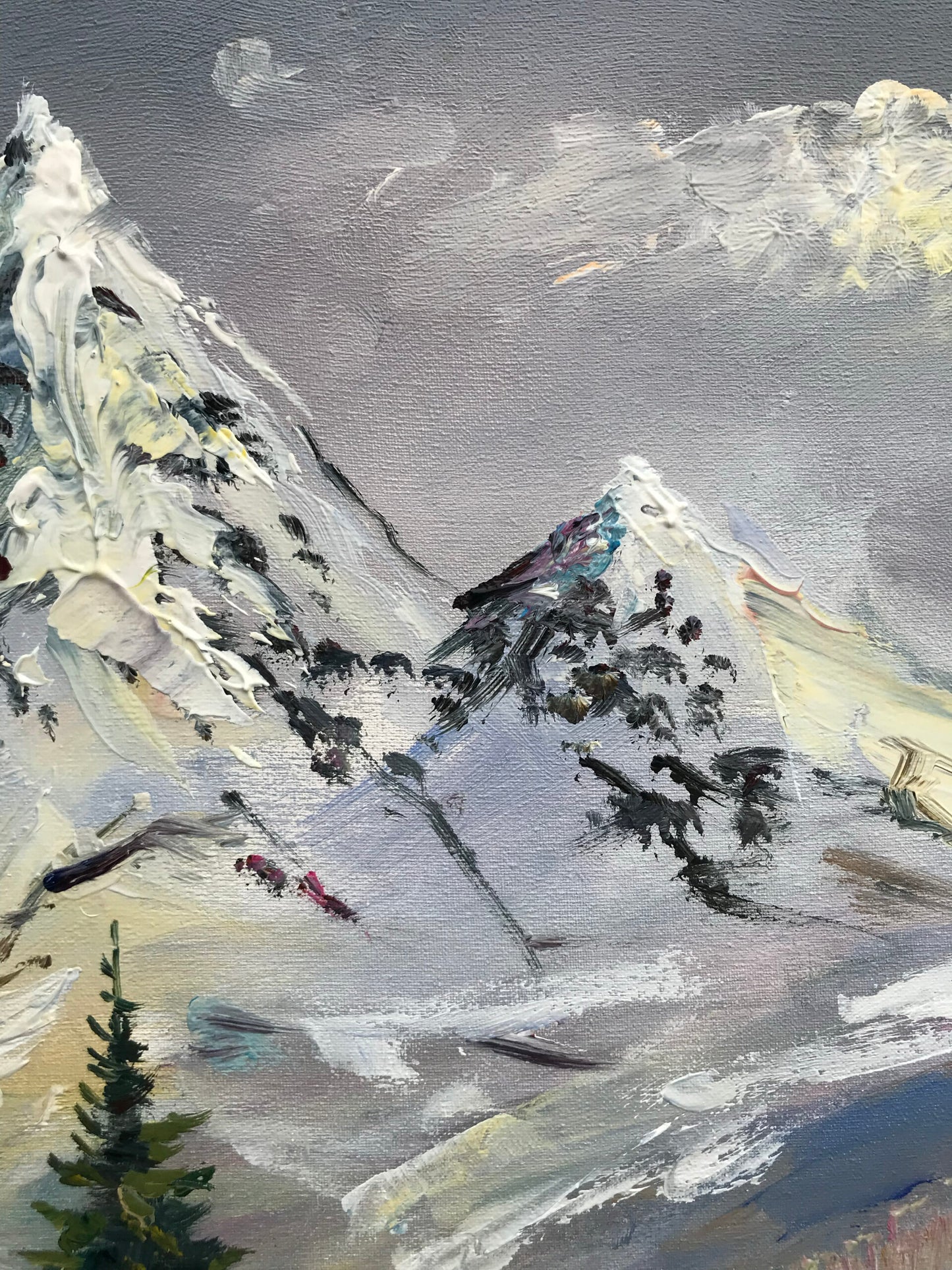 Snowy Mountain Landscape Painting on Canvas Large Nature Painting Pine Trees Wall Art House in Forest Oil Painting Original Smoky Mountain Art