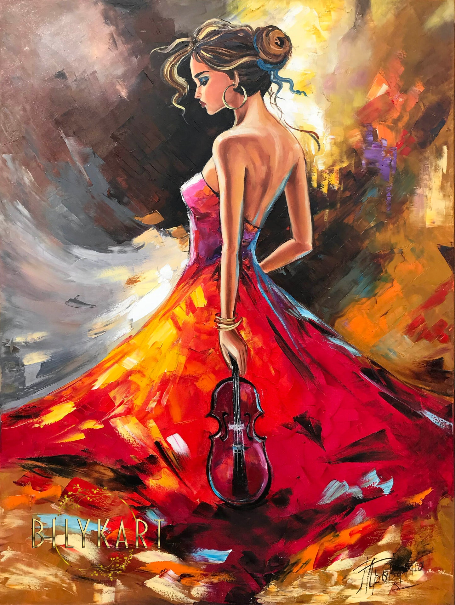 Violinist painting, Music player wall art, Original girl with violin oil painting, Musician gift for him, Woman Back Painting